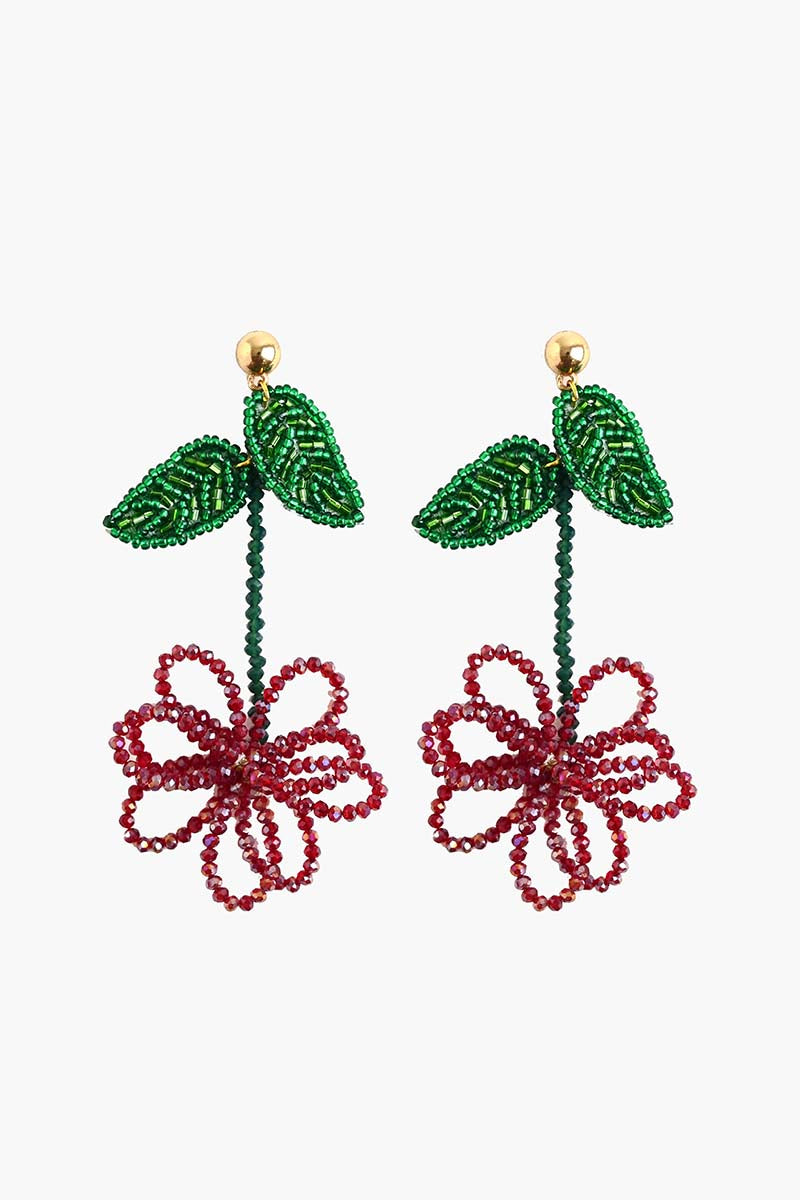 Red and Green Beaded Flower Earrings