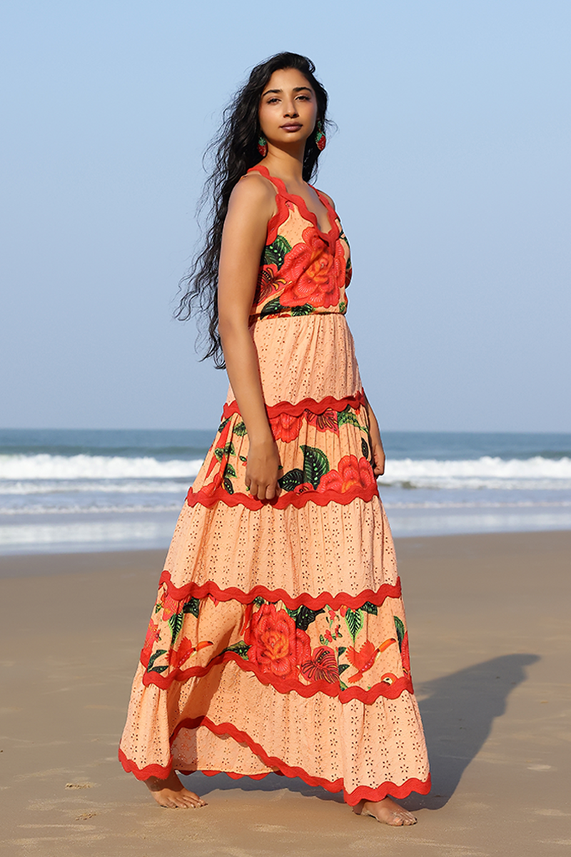 Tropical Bloom Schiffli Maxi Dress