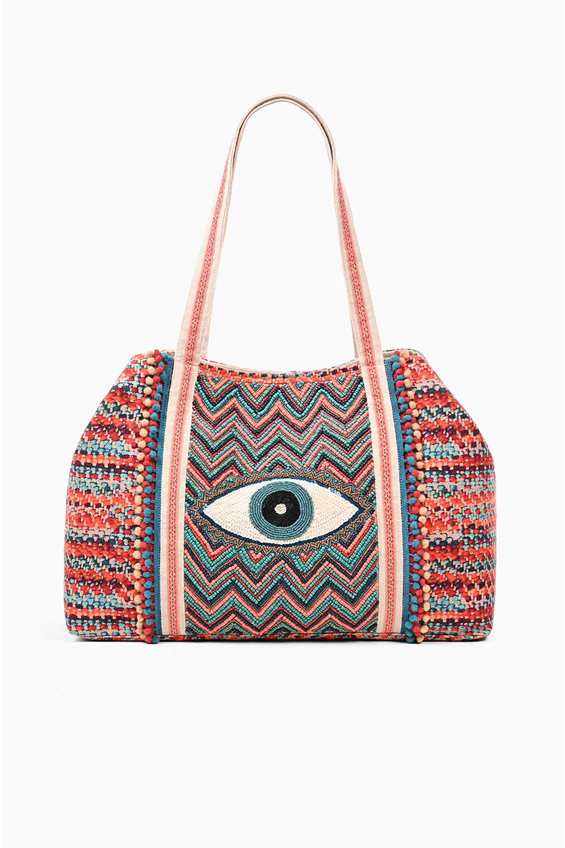 Evil Eye Good Luck Hand Beaded Orange and Blue Tote Bag