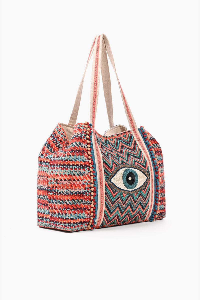 Evil Eye Good Luck Hand Beaded Orange and Blue Tote Bag
