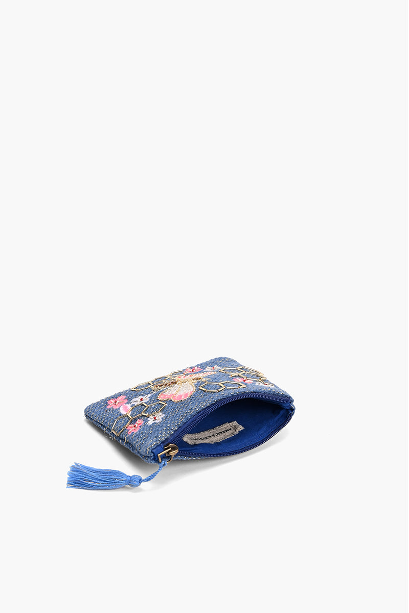 Blue Beaded Bee Embellished Mini Pouch