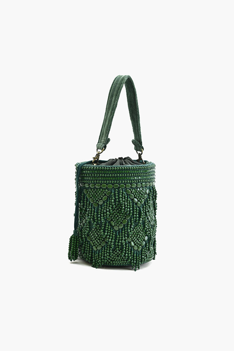 Emerald Eden Beaded Bucket Bag