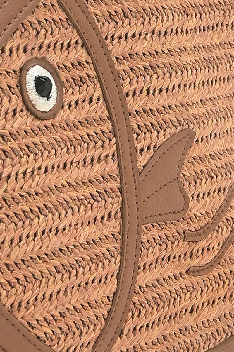 Brown Trim Fish Raffia Handheld Clutch