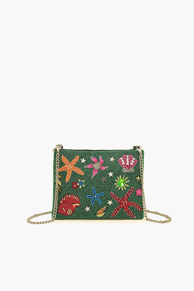 Emerald Sea Life Beaded Top Zip Clutch | America & Beyond