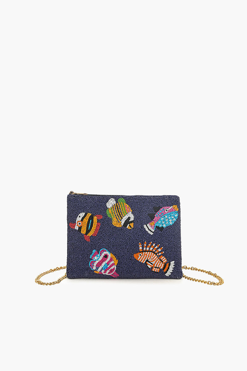 Colorful Fish Beaded Top Zip Clutch