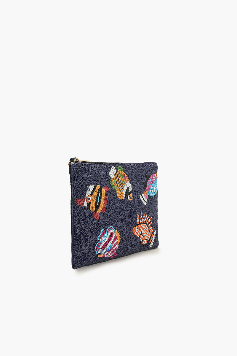 Colorful Fish Beaded Top Zip Clutch