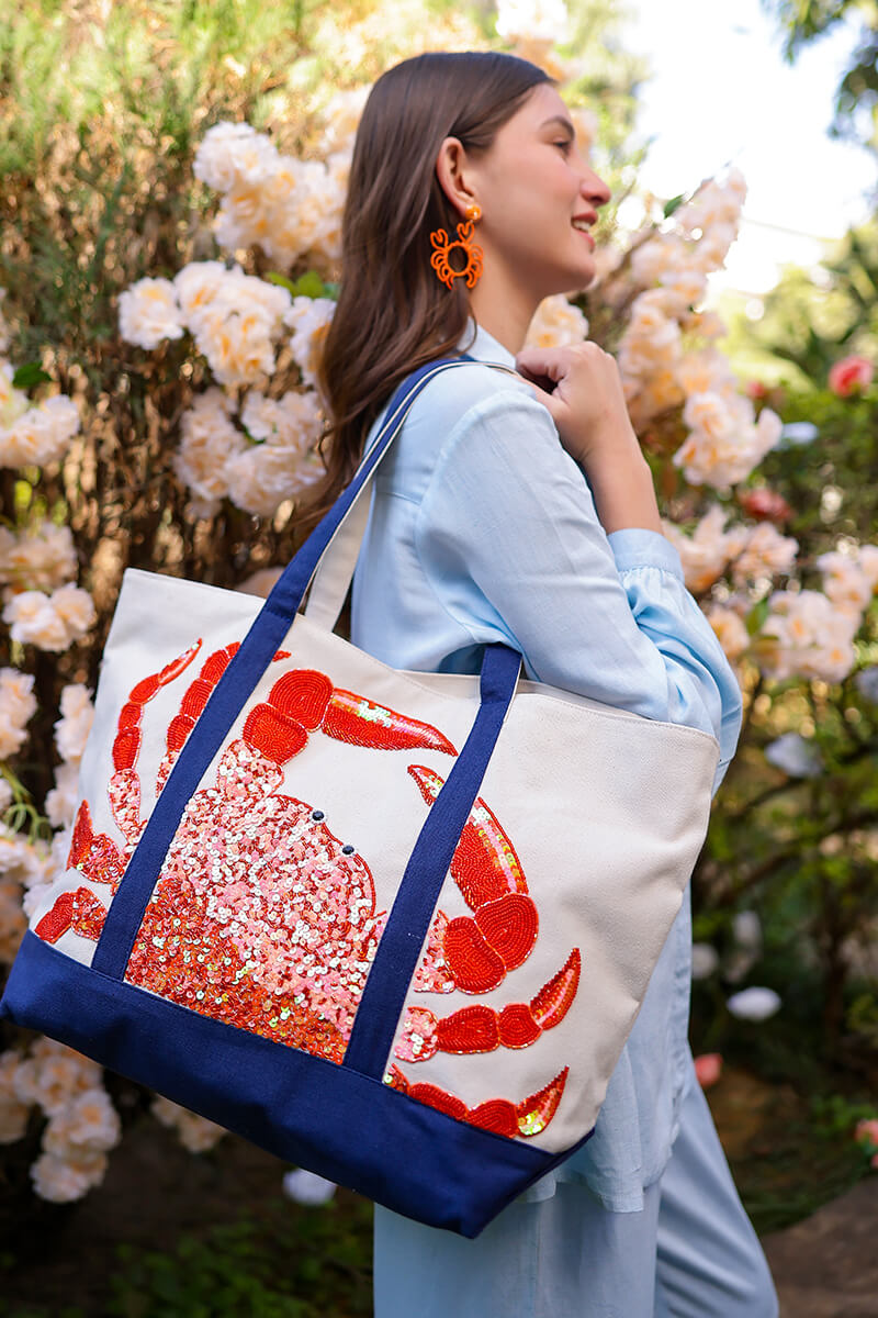 Seaside Crab Hand-Beaded Nautical Boat Tote | view 1