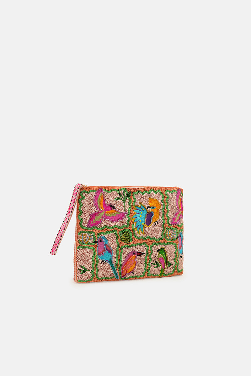 Paradise Found Birds Beaded Wristlet Clutch
