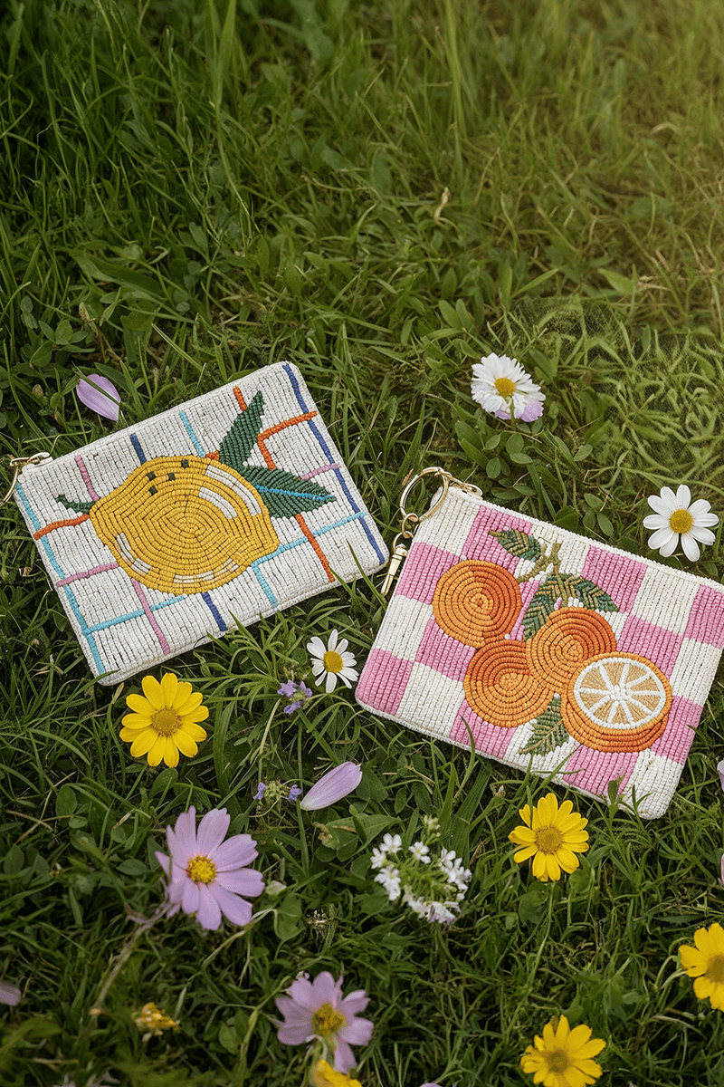 Citrus Lemon Grid Beaded Coin Pouch