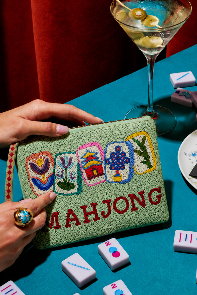 Mahjong Luxe Fully Hand-Beaded Top Zip Clutch | view 1
