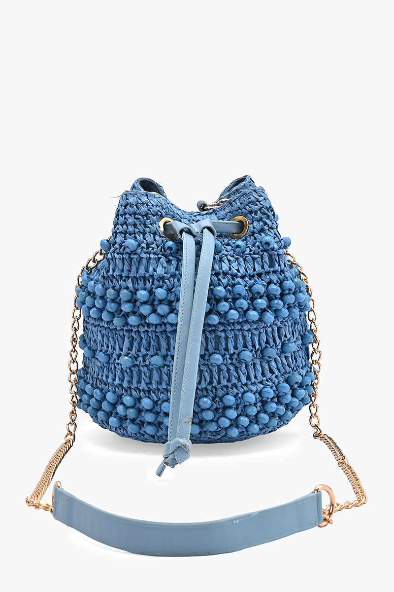 Blue Lagoon Raffia Drawstring Bag | view 1