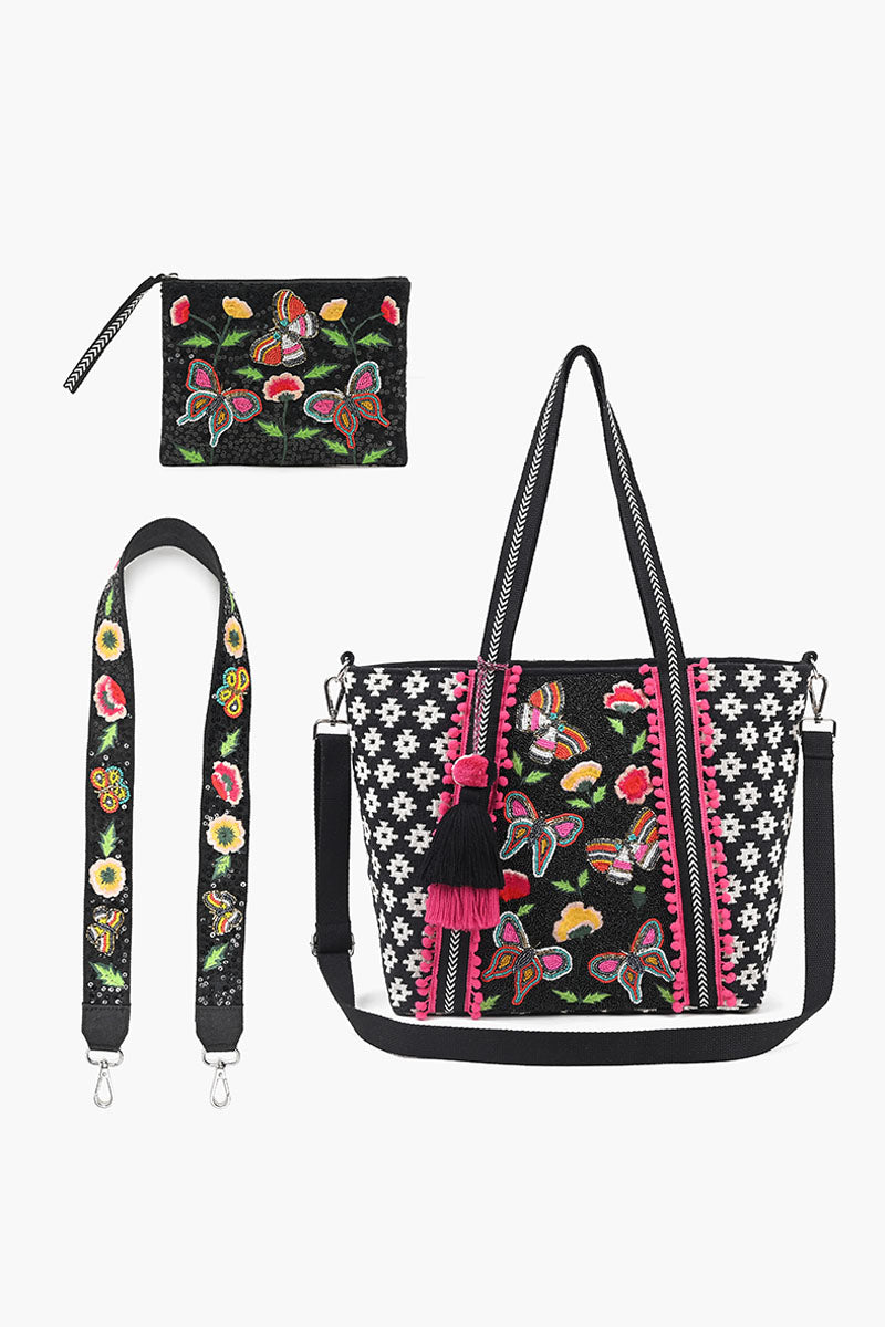 Medium Tote with Bag Strap & Pouch Black Butterfly | view 1