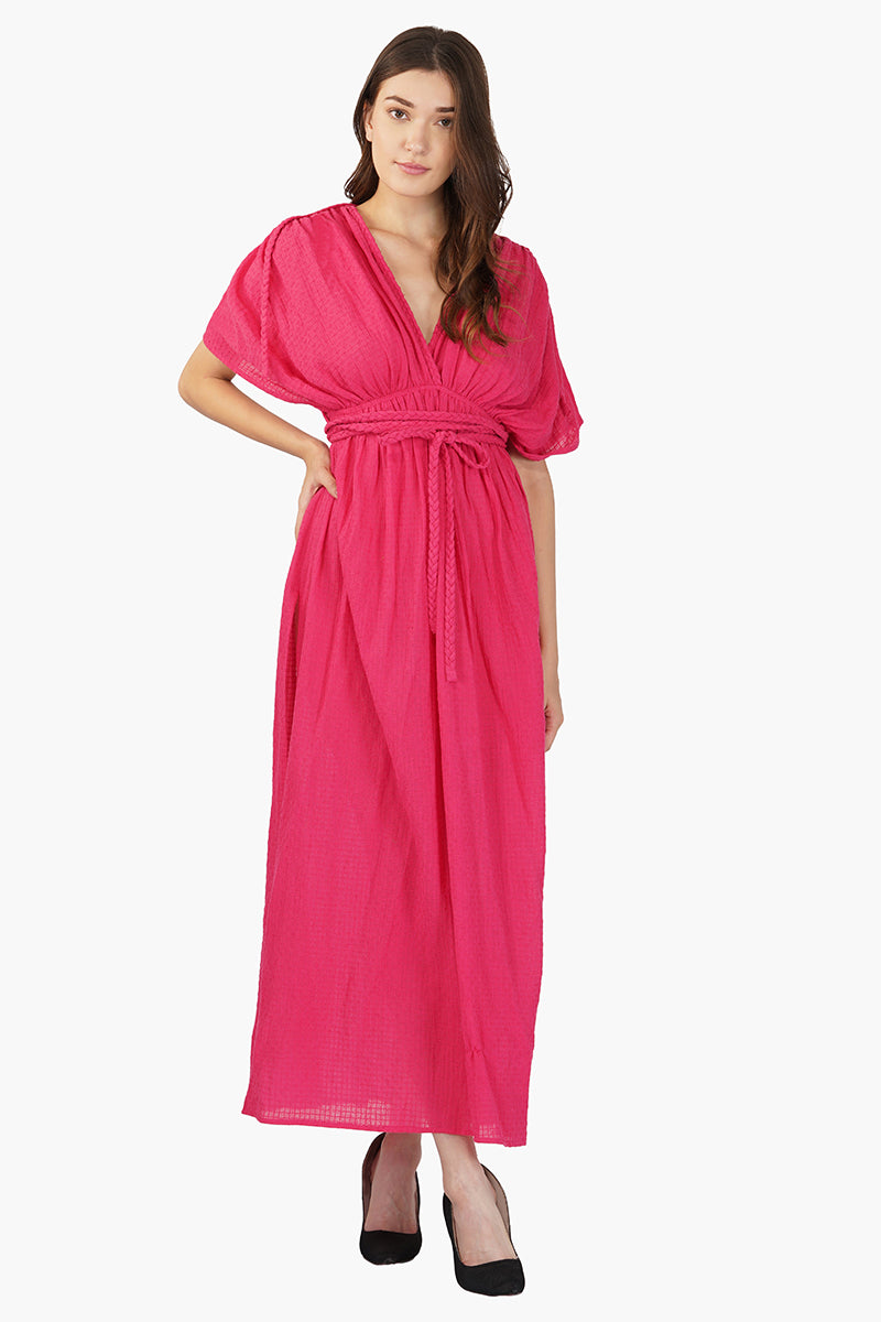 Hot Pink Cotton Dobby Maxi Dress L Hot Pink Cotton Dobby Maxi Dress L