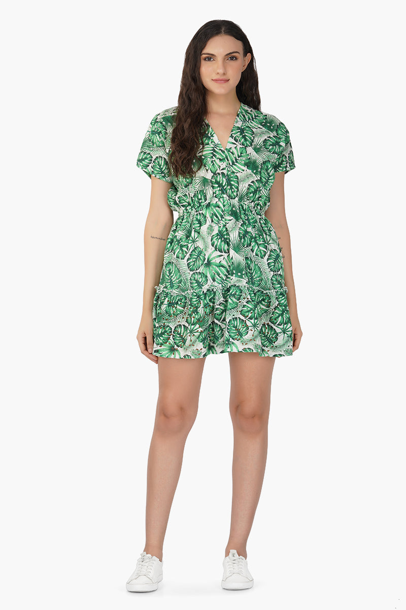 Green Palm Printed Short Dress S Green Palm Printed Short Dress S