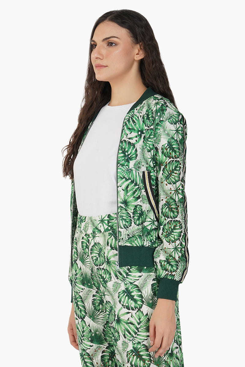 Green Palm Printed Bomber Jacket