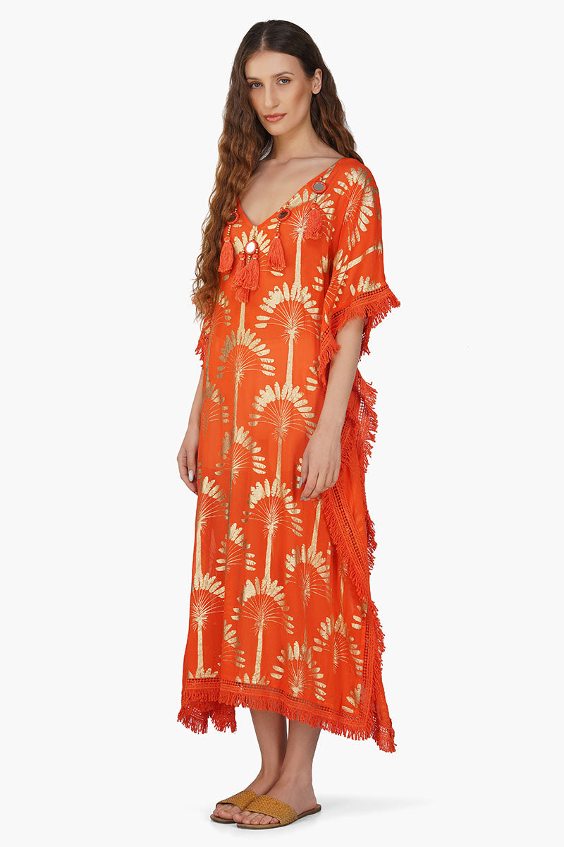 Sunset Palm Foil Tassel Kaftan