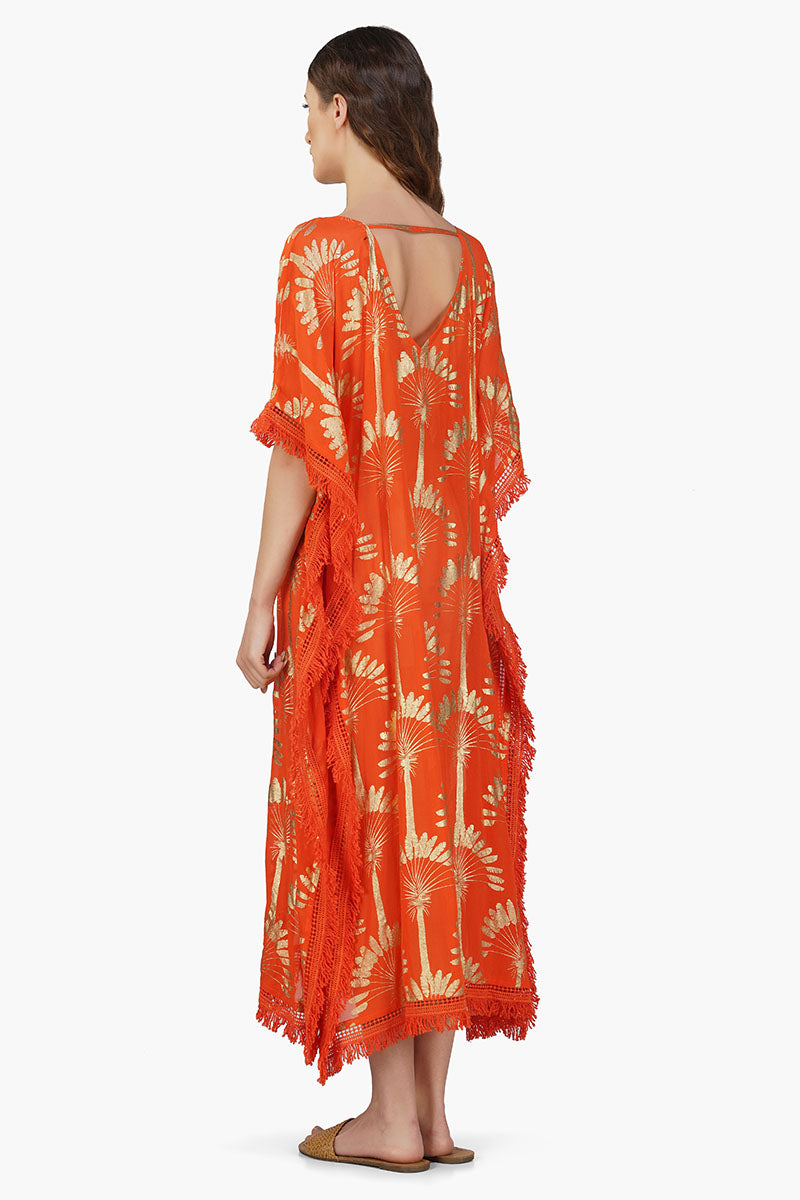 Sunset Palm Foil Tassel Kaftan