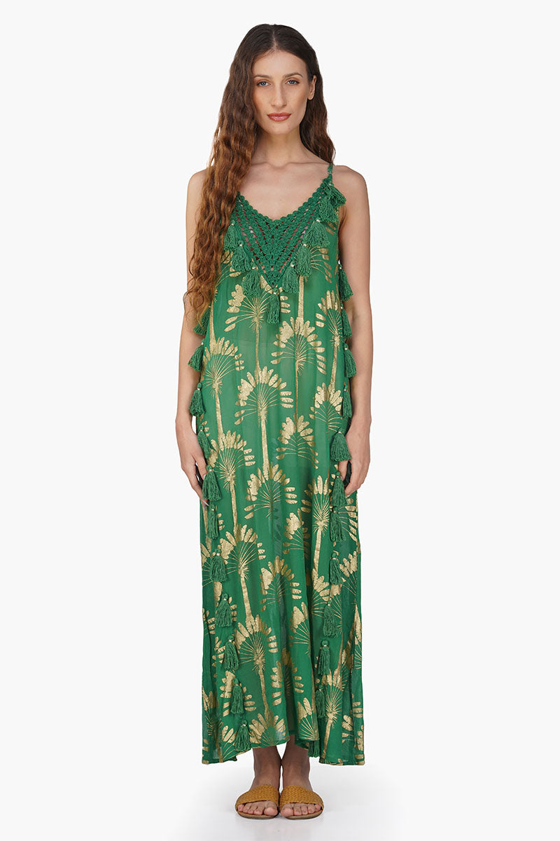Pine Green Palm Tassel Foil Maxi Dress S Pine Green Palm Tassel Foil Maxi Dress S