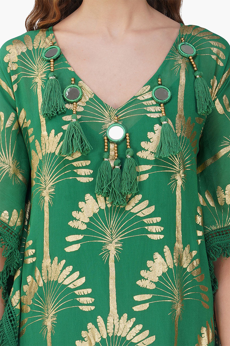 Pine Green Palm Foil Tassel Kaftan