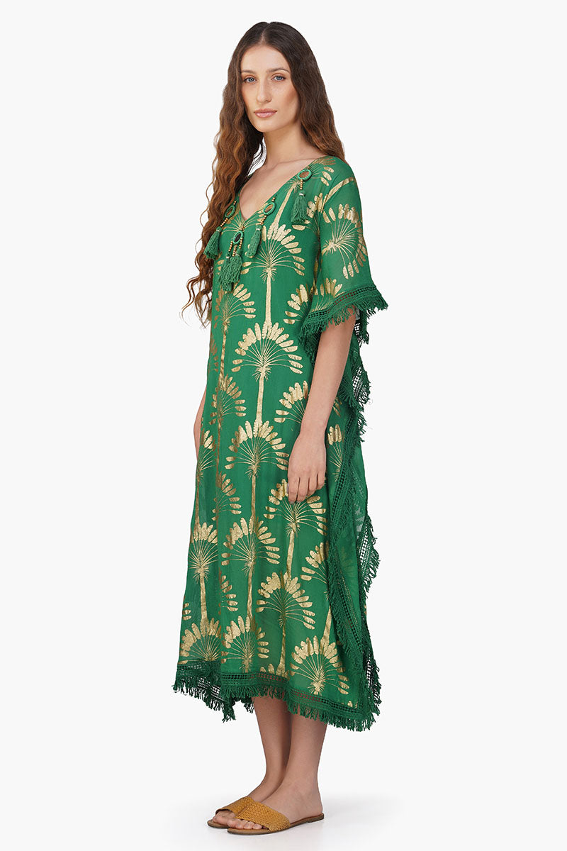 Pine Green Palm Foil Tassel Kaftan