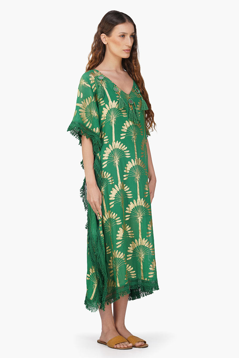 Pine Green Palm Foil Tassel Kaftan