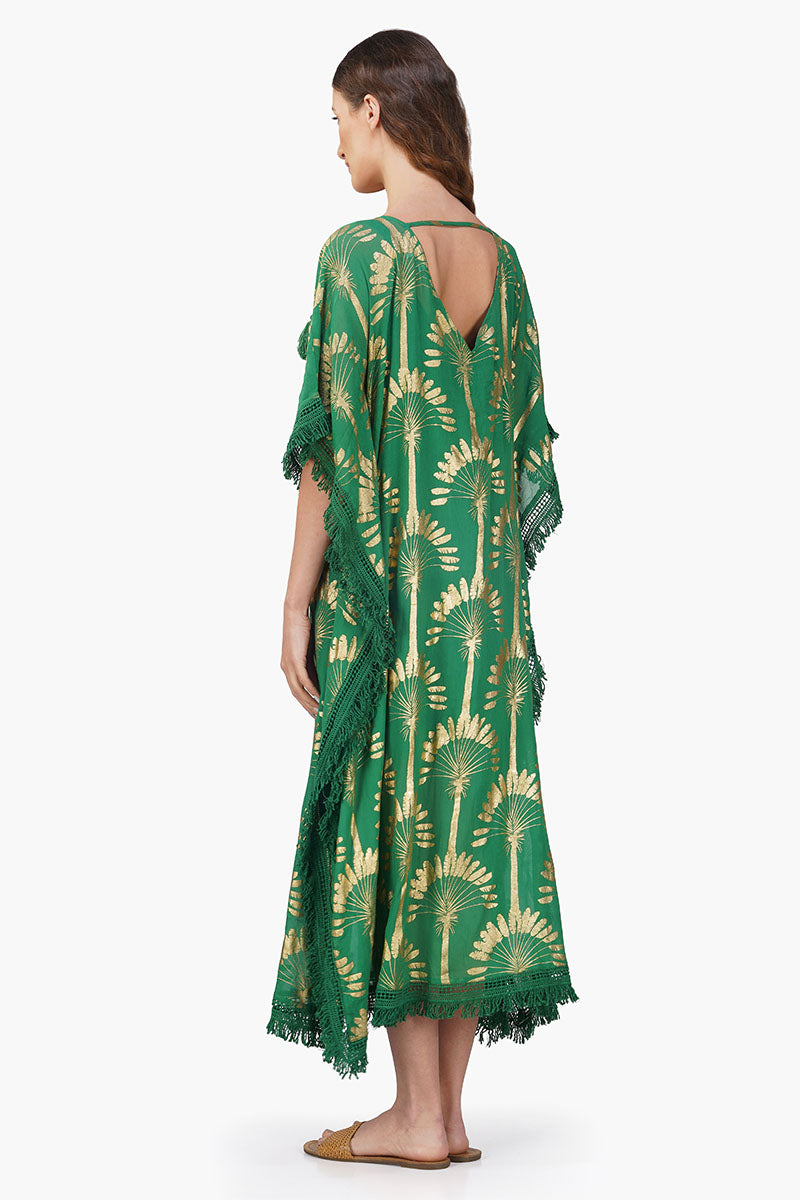 Pine Green Palm Foil Tassel Kaftan