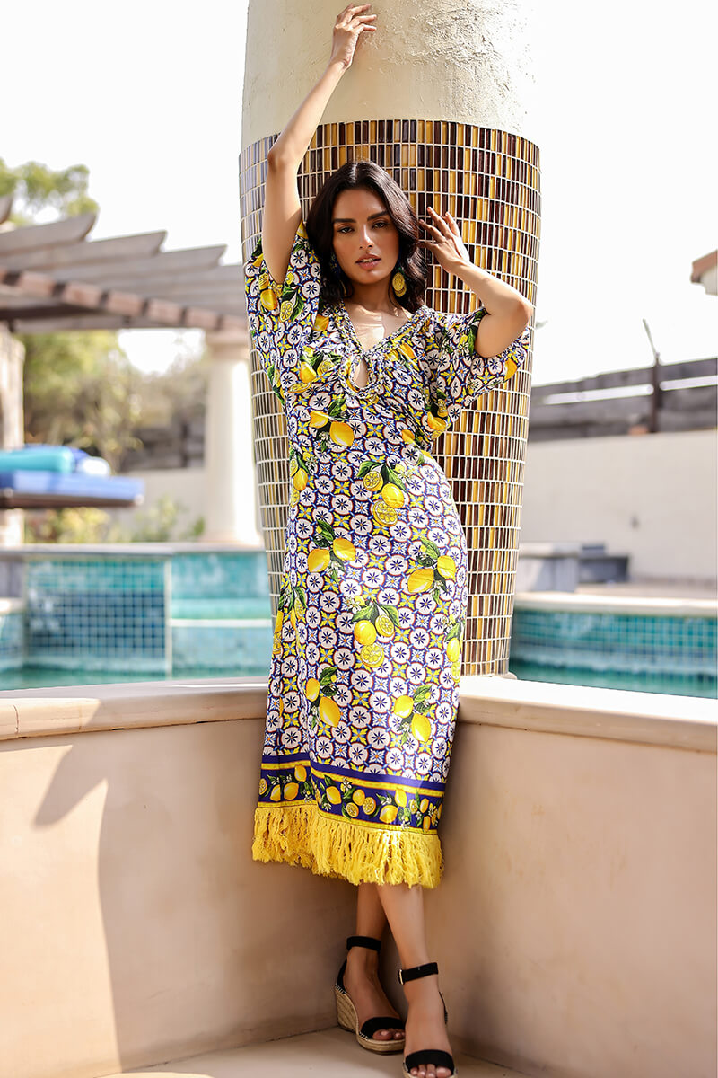 knee length dresses for ladies Citrus Lemon Printed Dress XXL