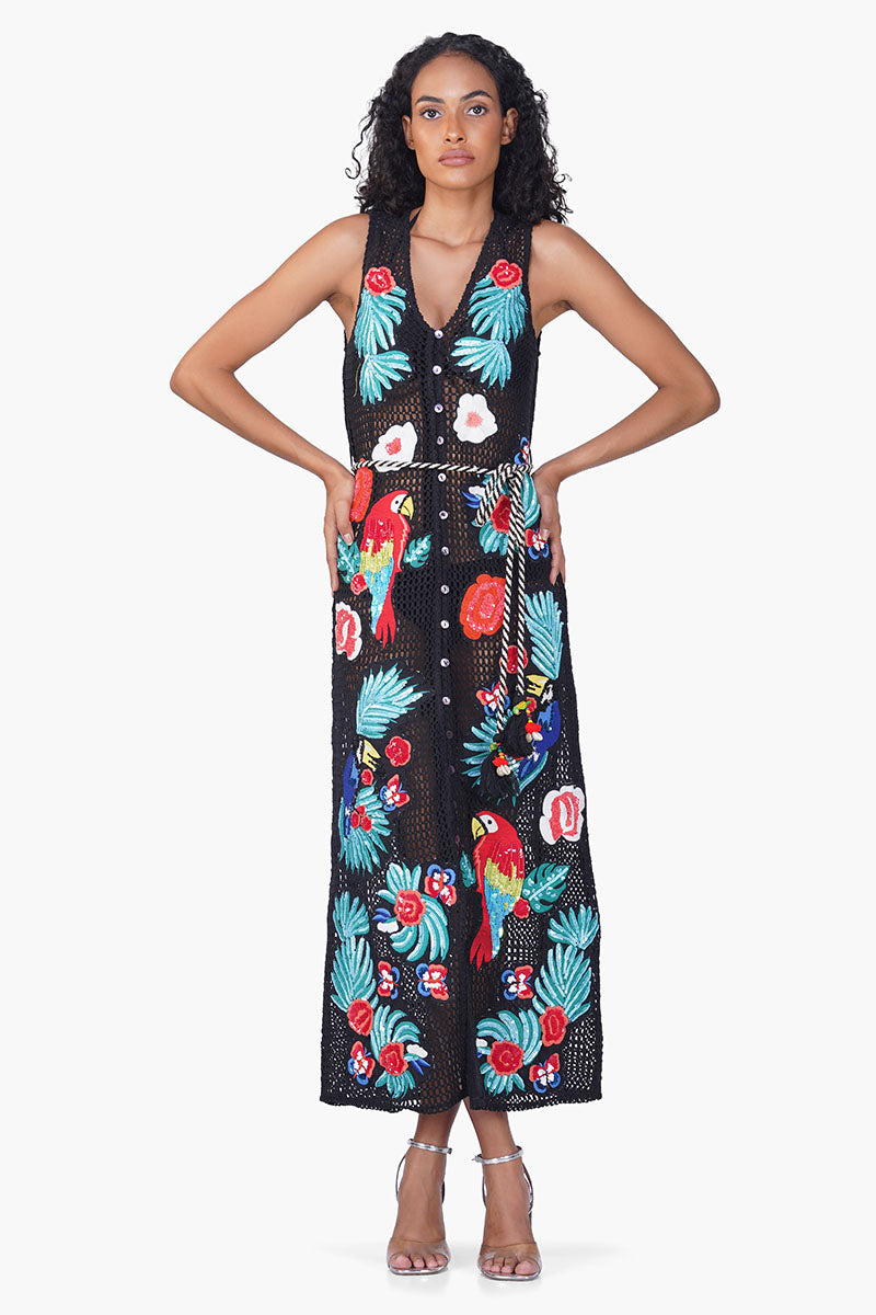 Maison Black Embroidered Maxi Dress M