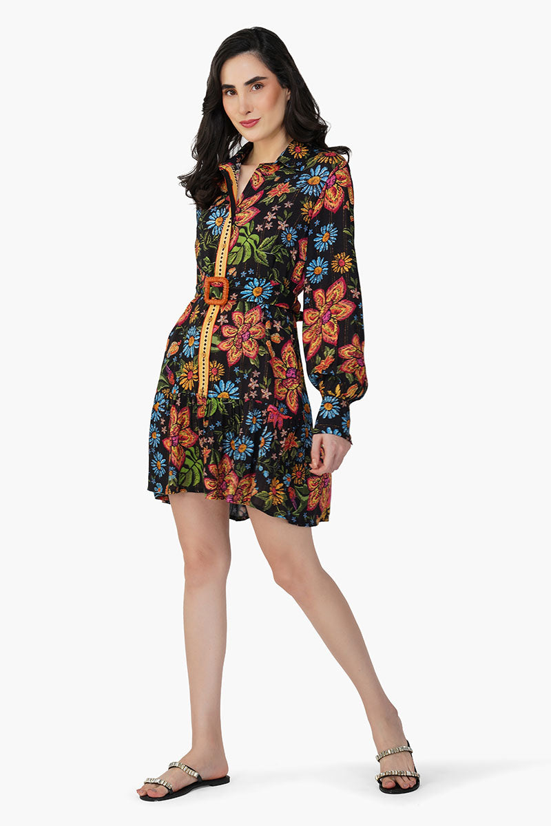 Black Multi Floret Short Dress