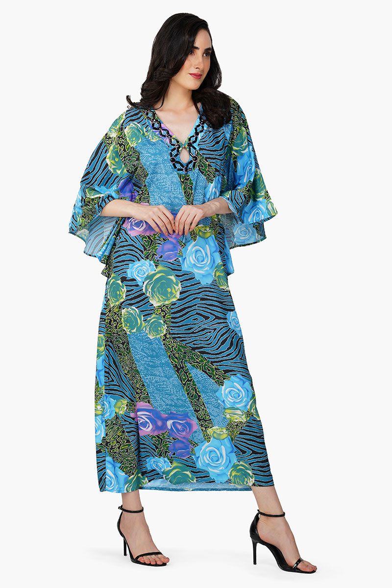 Blue Carribean Floral Printed Maxi Dress