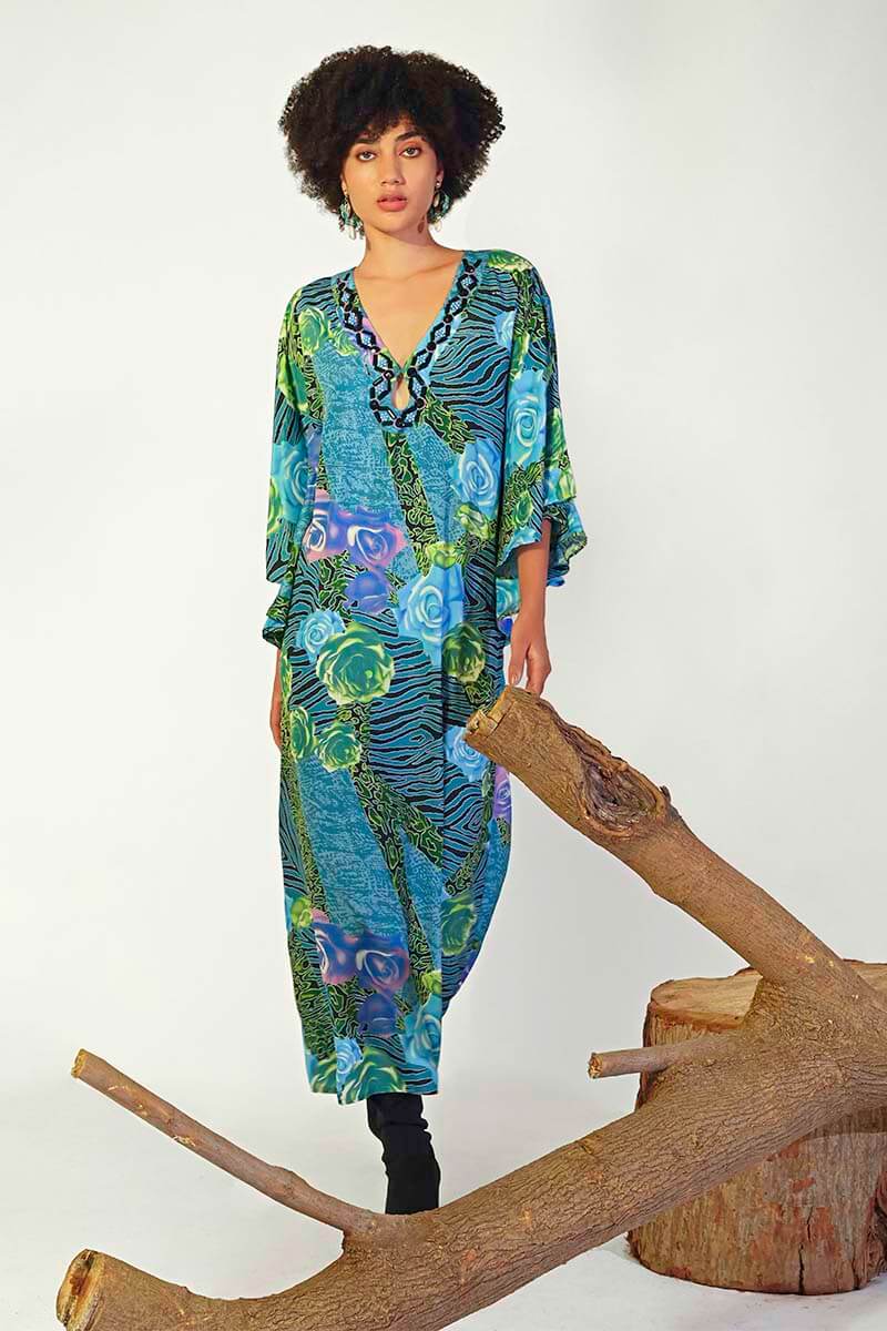 Blue Carribean Floral Printed Maxi Dress