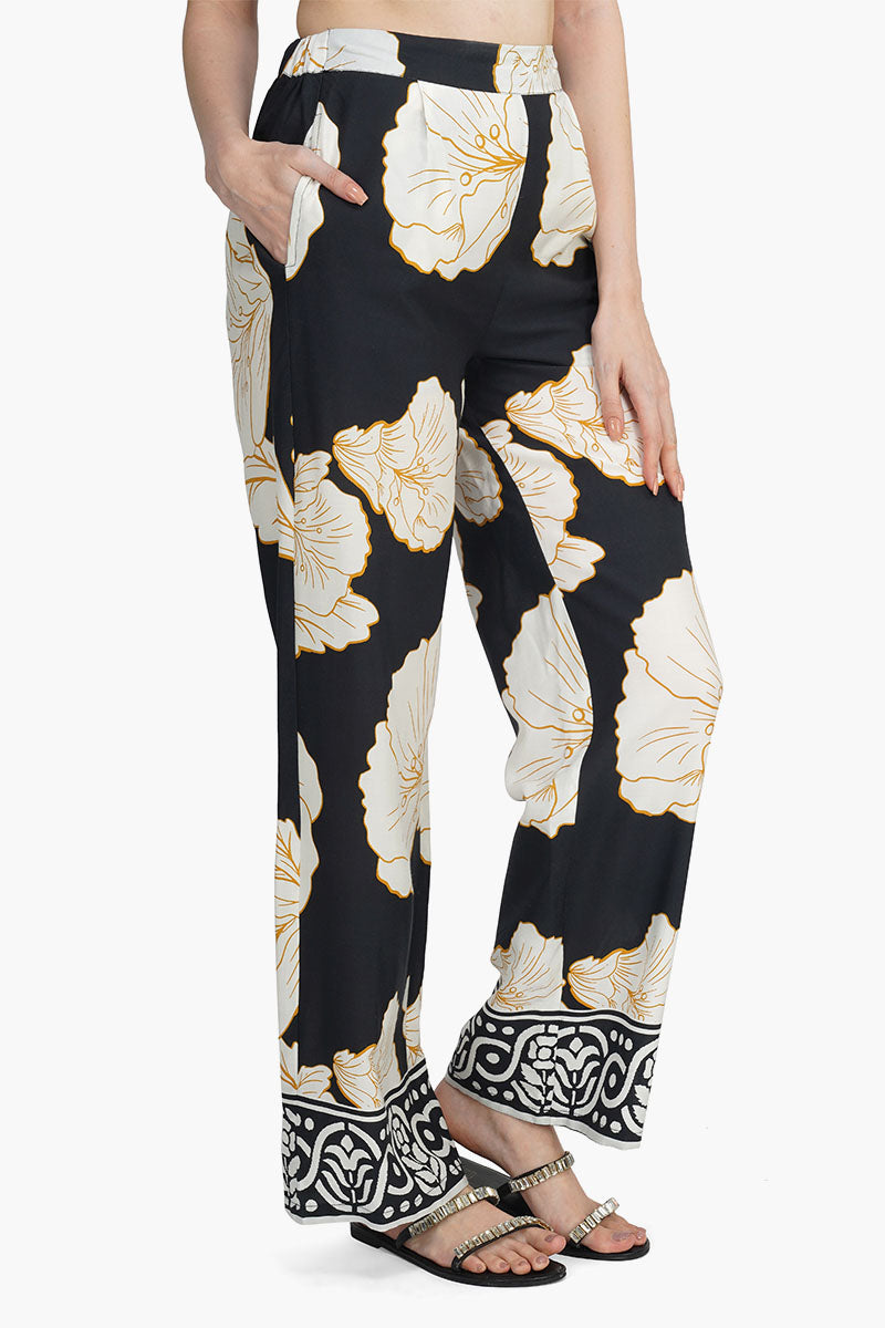 Black And White Floral Daze Printed Pants