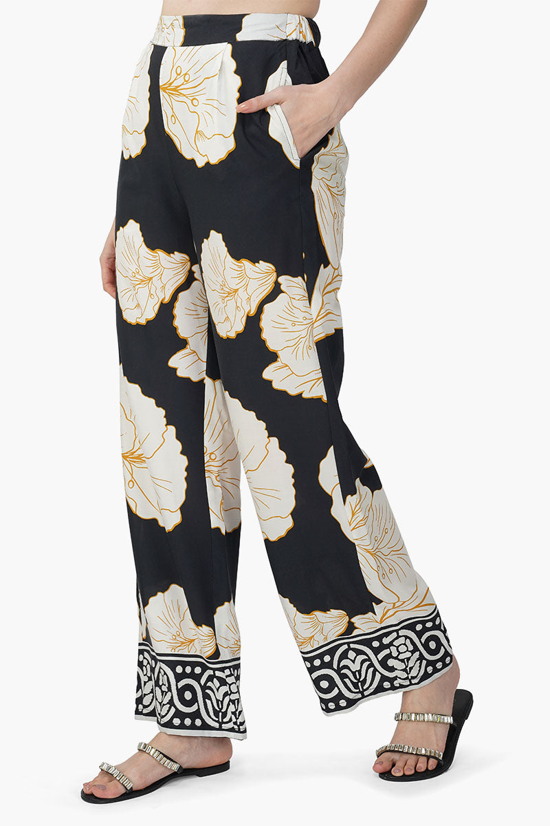 Black And White Floral Daze Printed Pants