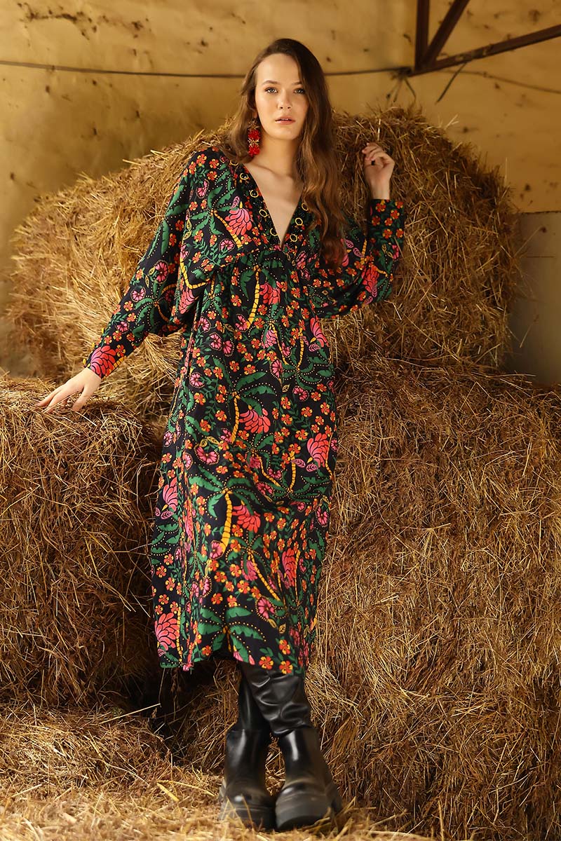 Black Autumn Flora Embellished Maxi Dress S