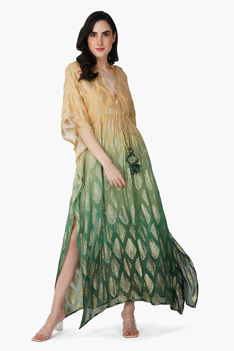 Jungle Green Ombray Lurex Kaftan | America & Beyond Jungle Green Ombray Lurex Kaftan | America & Beyond