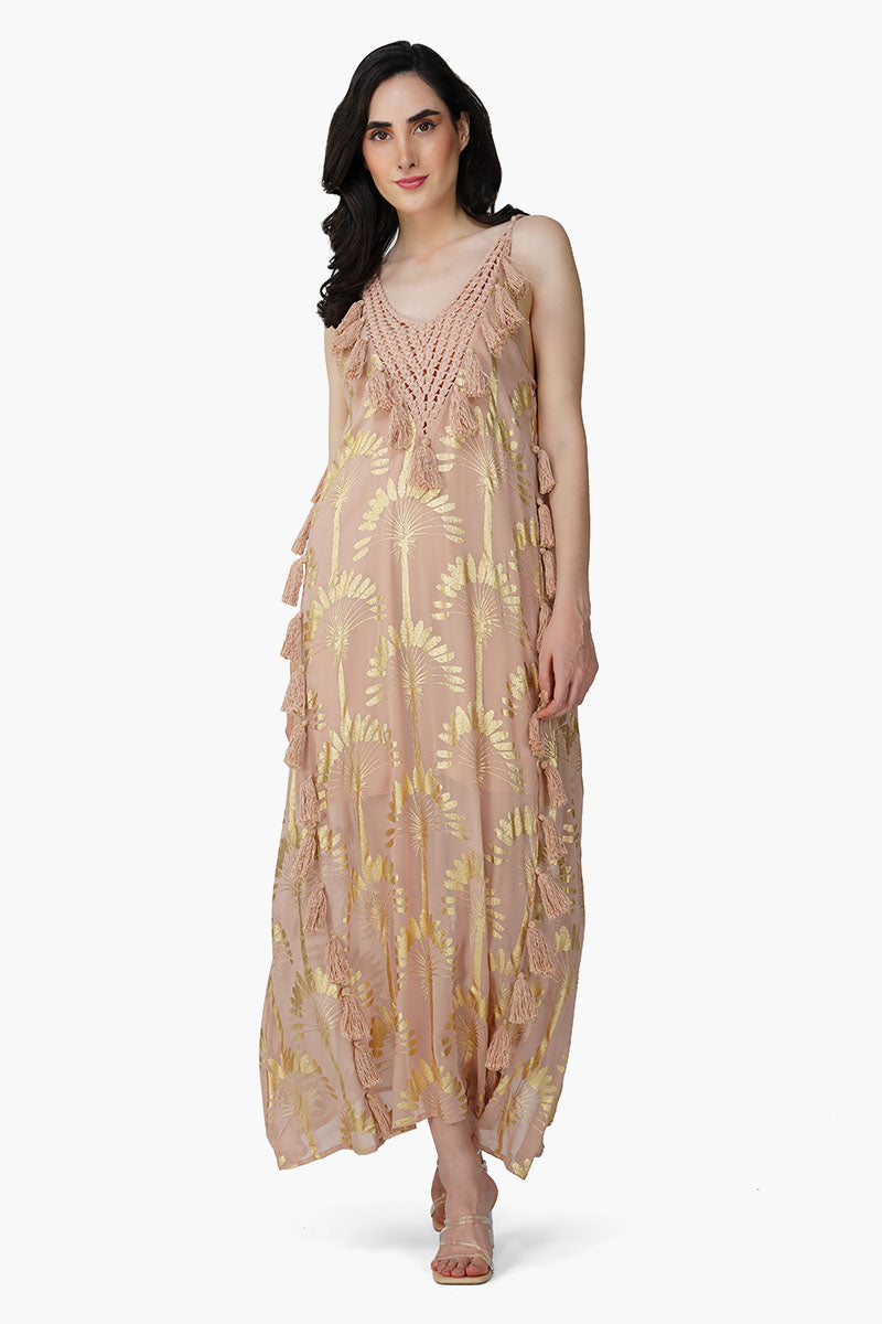 Golden Taupe Foil Printed Strap Maxi Dress S Golden Taupe Foil Printed Strap Maxi Dress S