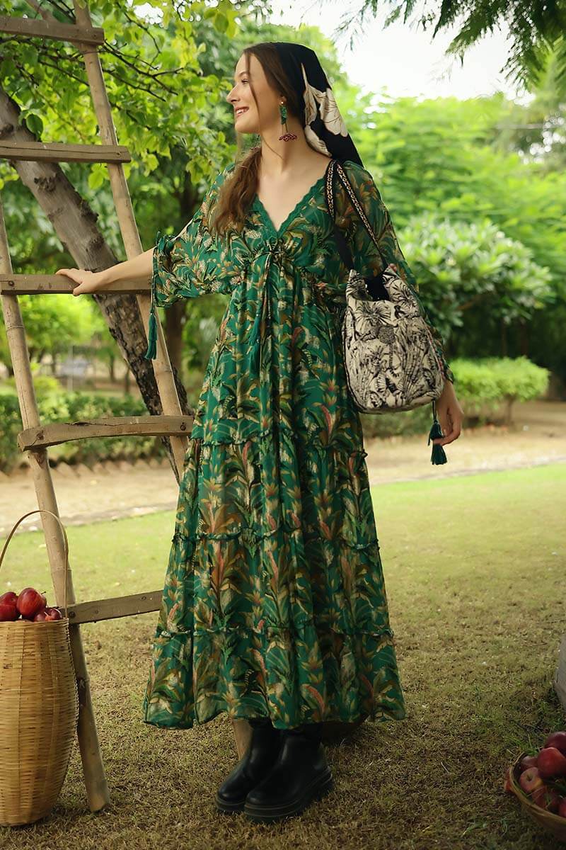 Tropical Ash Leaf Printed Maxi Dress S Tropical Ash Leaf Printed Maxi Dress S