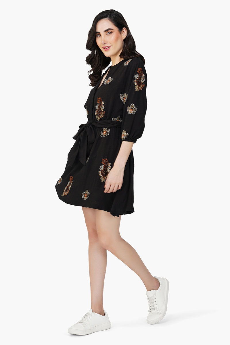 Black Safari Tiger Embroidered Short Dress