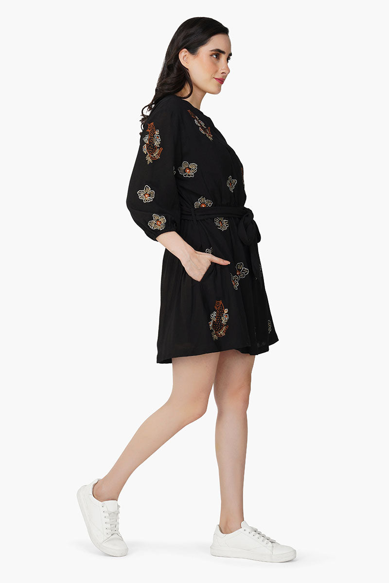 Black Safari Tiger Embroidered Short Dress