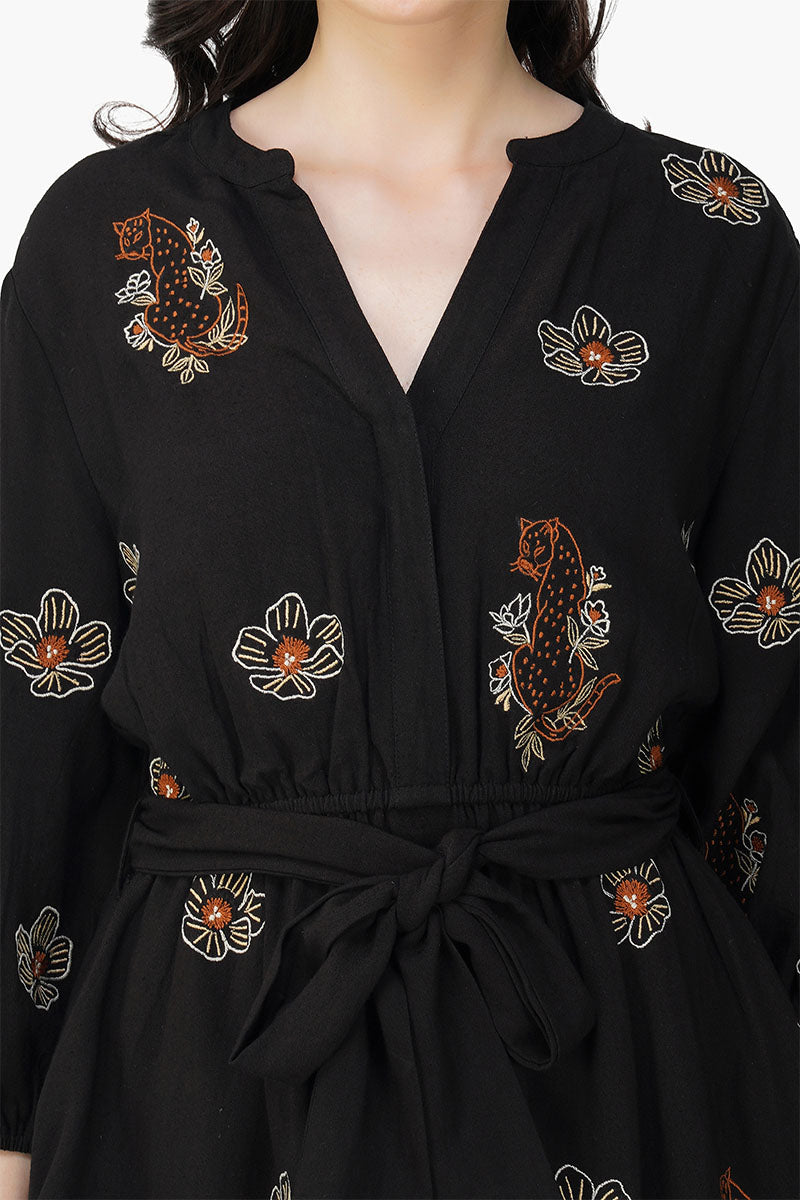 Black Safari Tiger Embroidered Short Dress