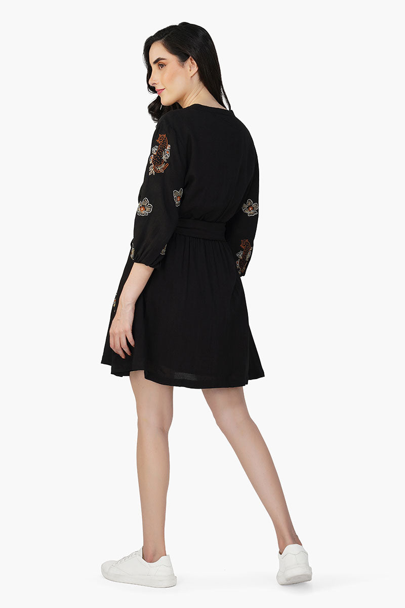 Black Safari Tiger Embroidered Short Dress