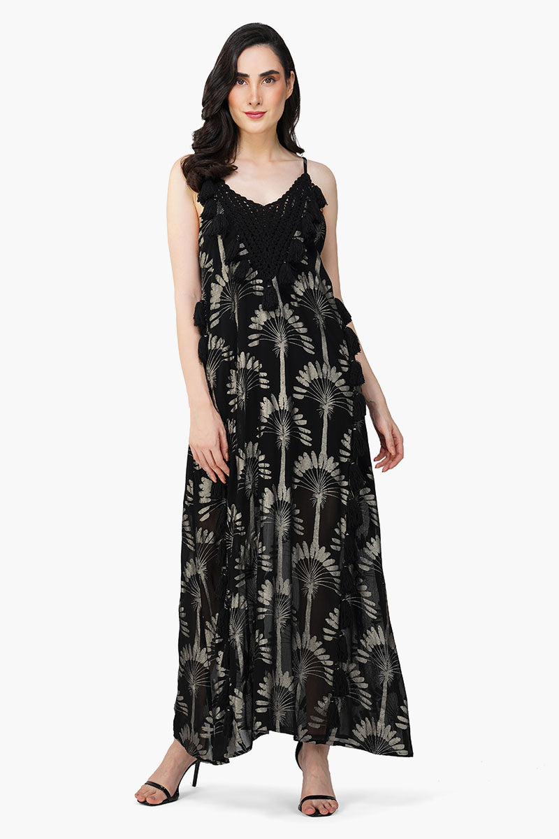 knee length dresses for ladies Golden Taupe Foil Printed Strap Maxi Dress S main image 0