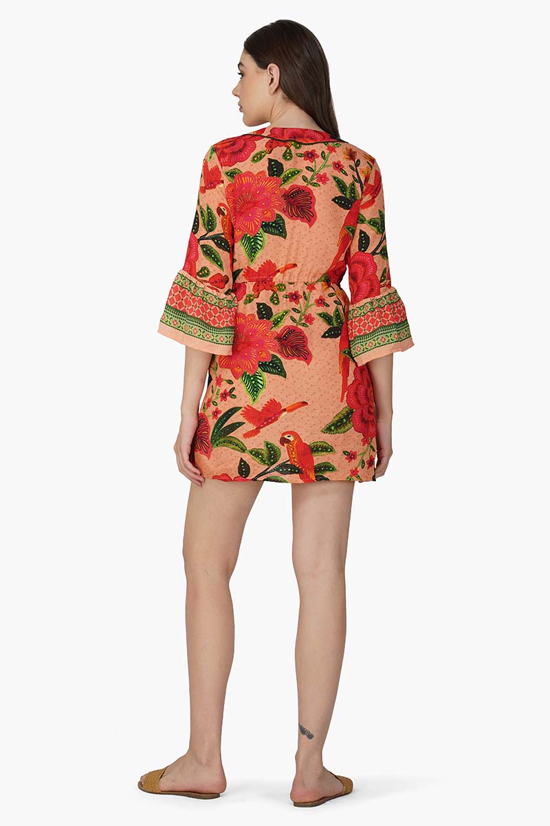 Tropical Bloom Bell Sleeve Tunic Dress