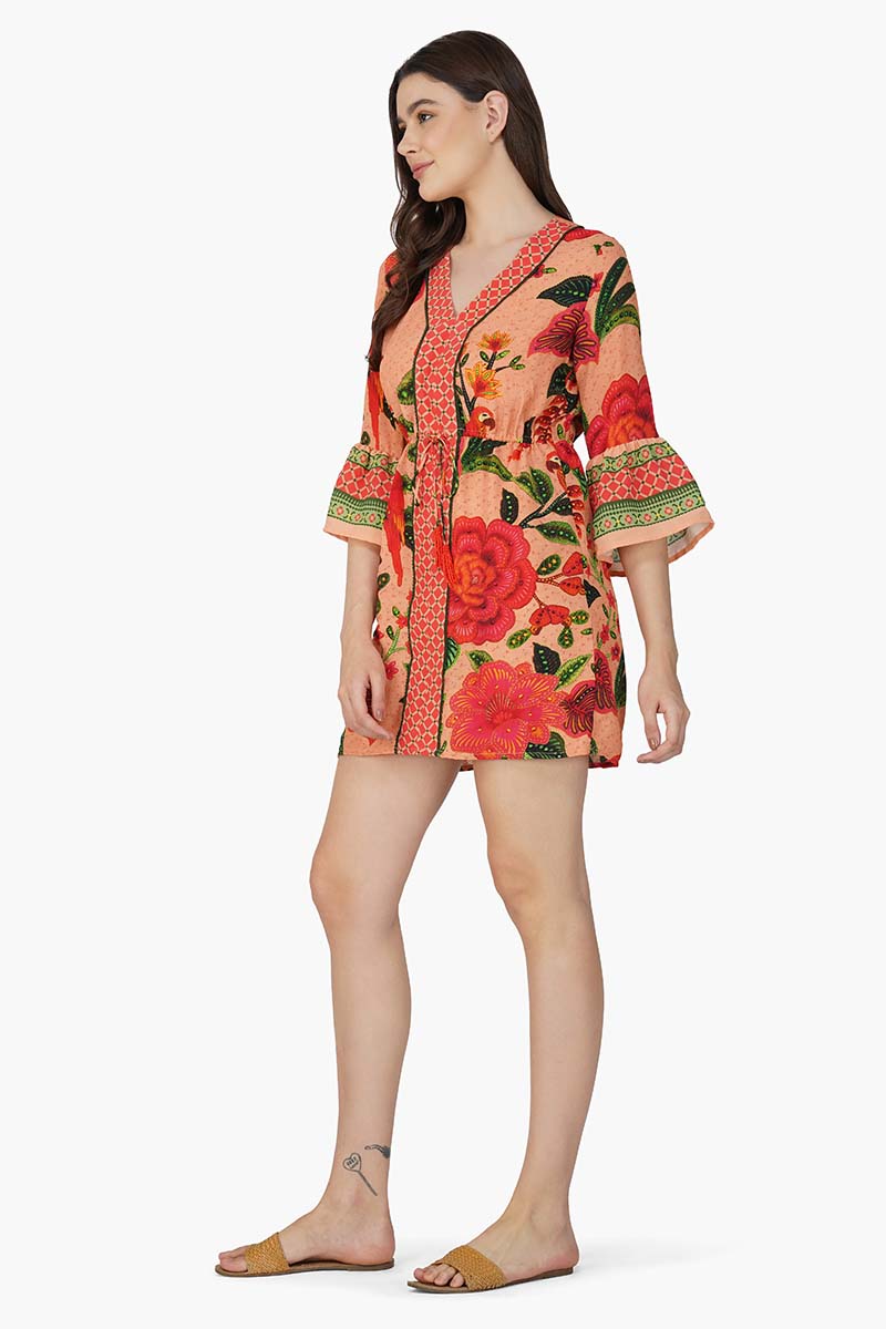 Tropical Bloom Bell Sleeve Tunic Dress