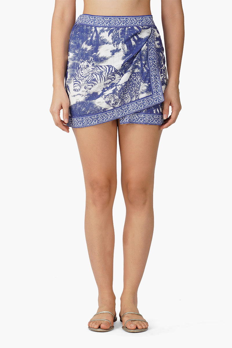 Midnight Blue Jungle Printed Overlap Short Skirt