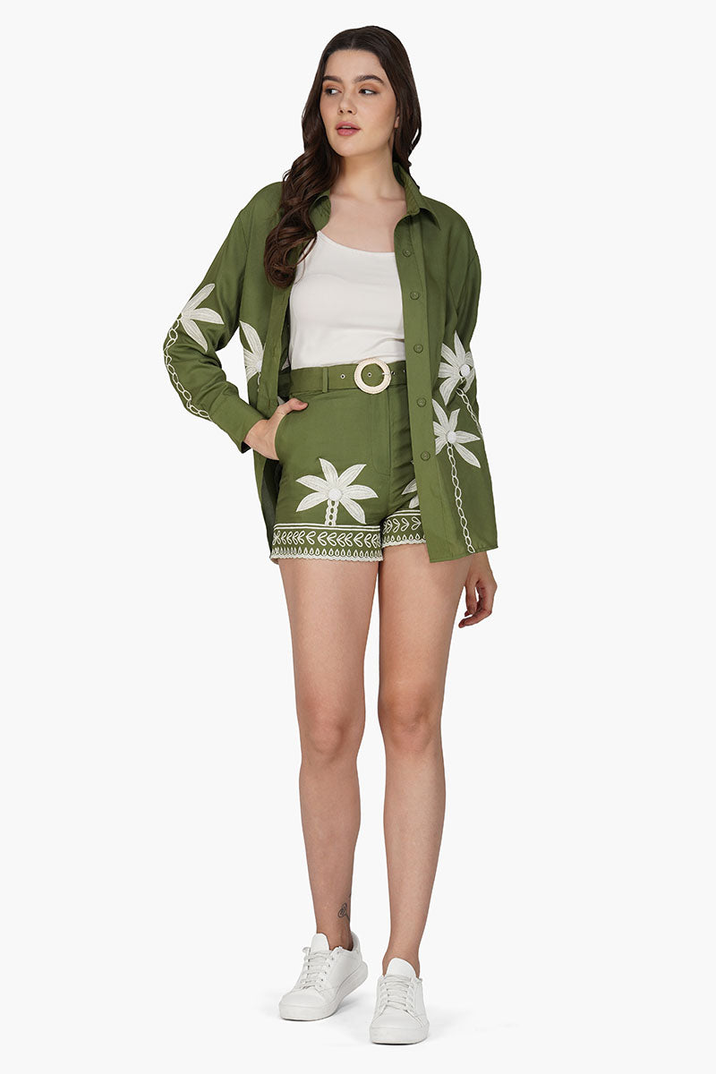 Palm Tree Embroidered Olive Shirt