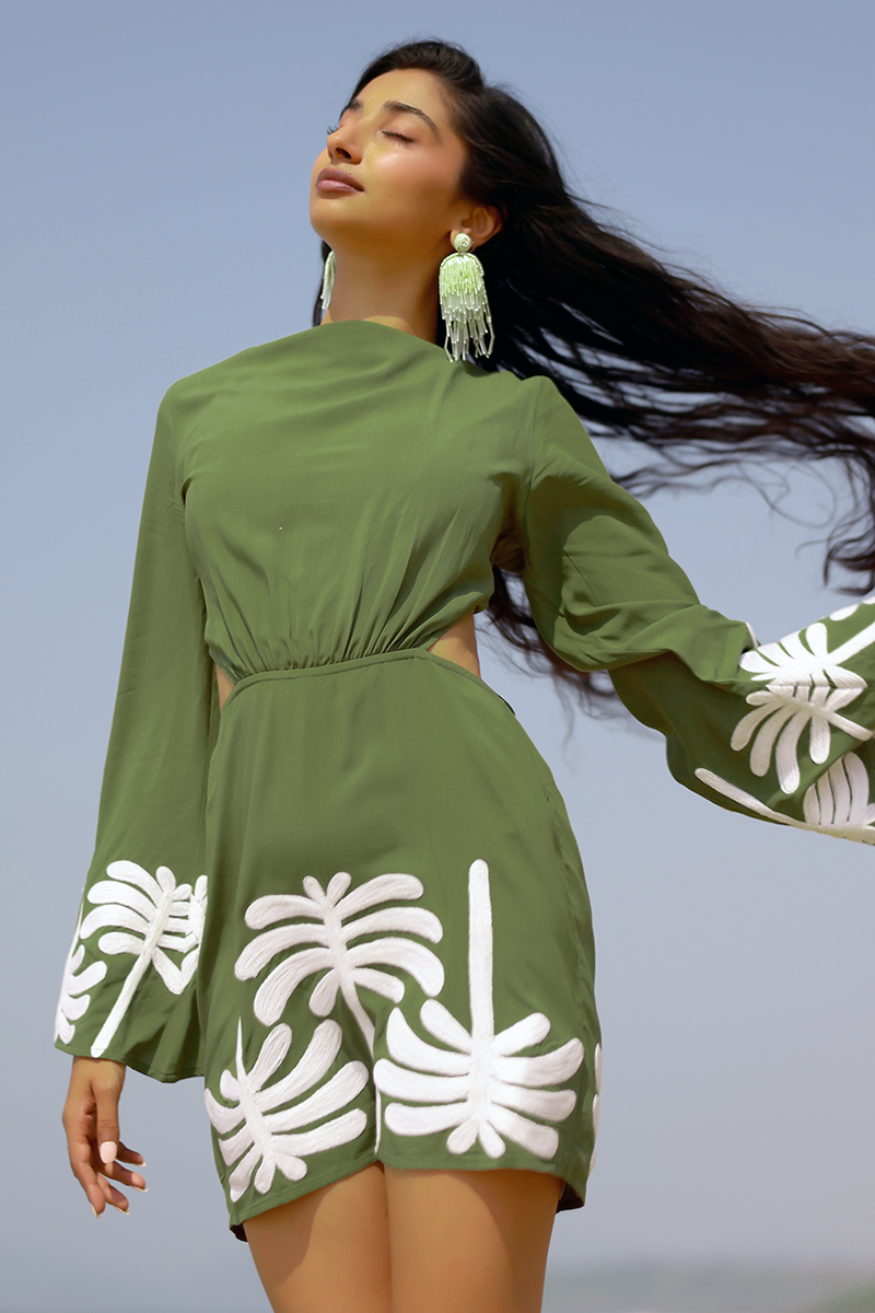 Palm Tree Embroidered Olive Dress