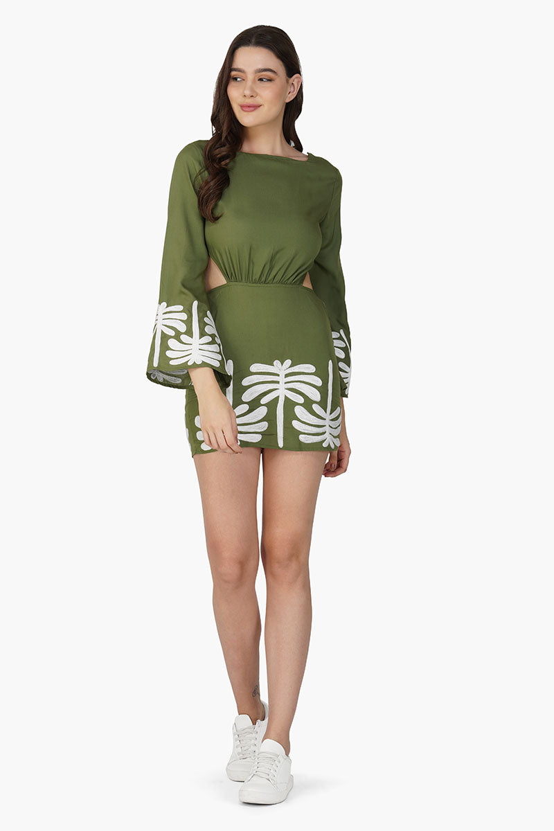 Palm Tree Embroidered Olive Dress