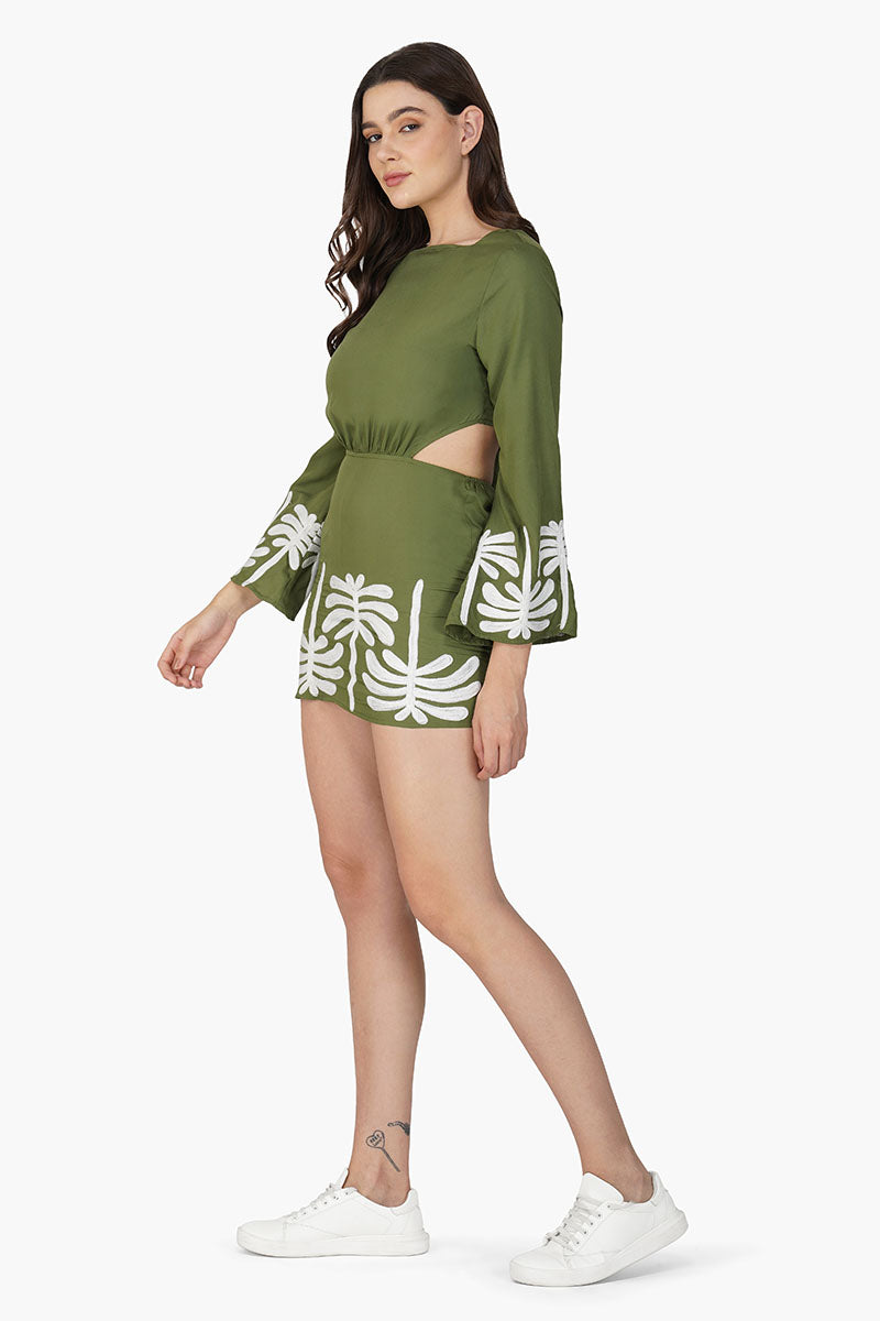 Palm Tree Embroidered Olive Dress