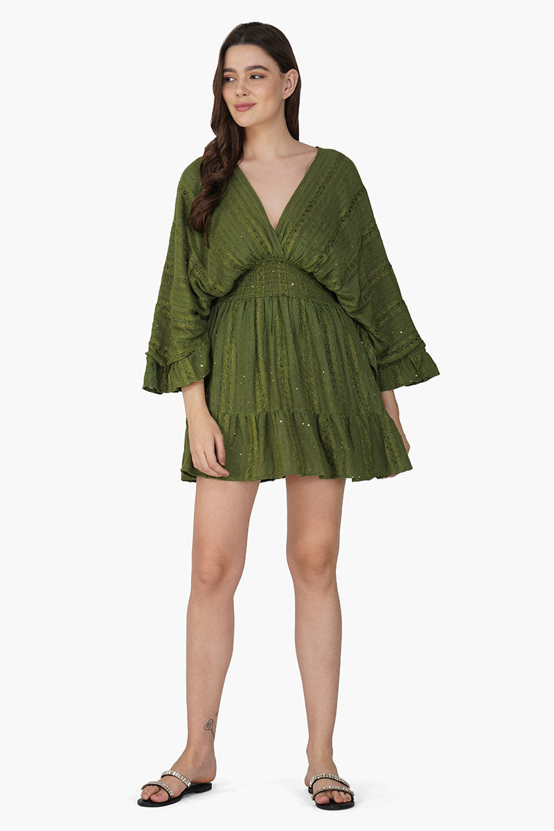 Olive Green Yarn Dyed Short Dress Olive Green Yarn Dyed Short Dress